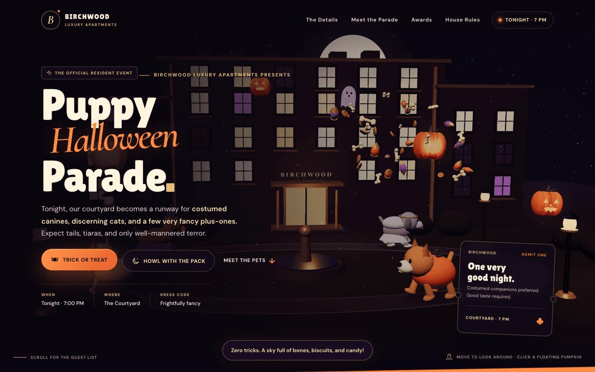 The same page after Trick or Treat: bones, biscuits and candy burst over the building