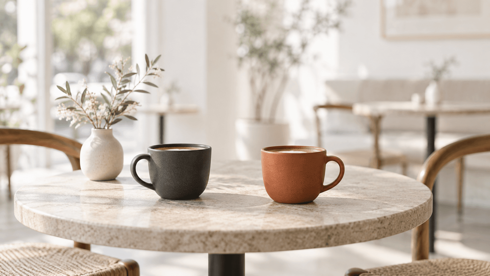 A charcoal cup and a terracotta cup across a café table, waiting for a conversation