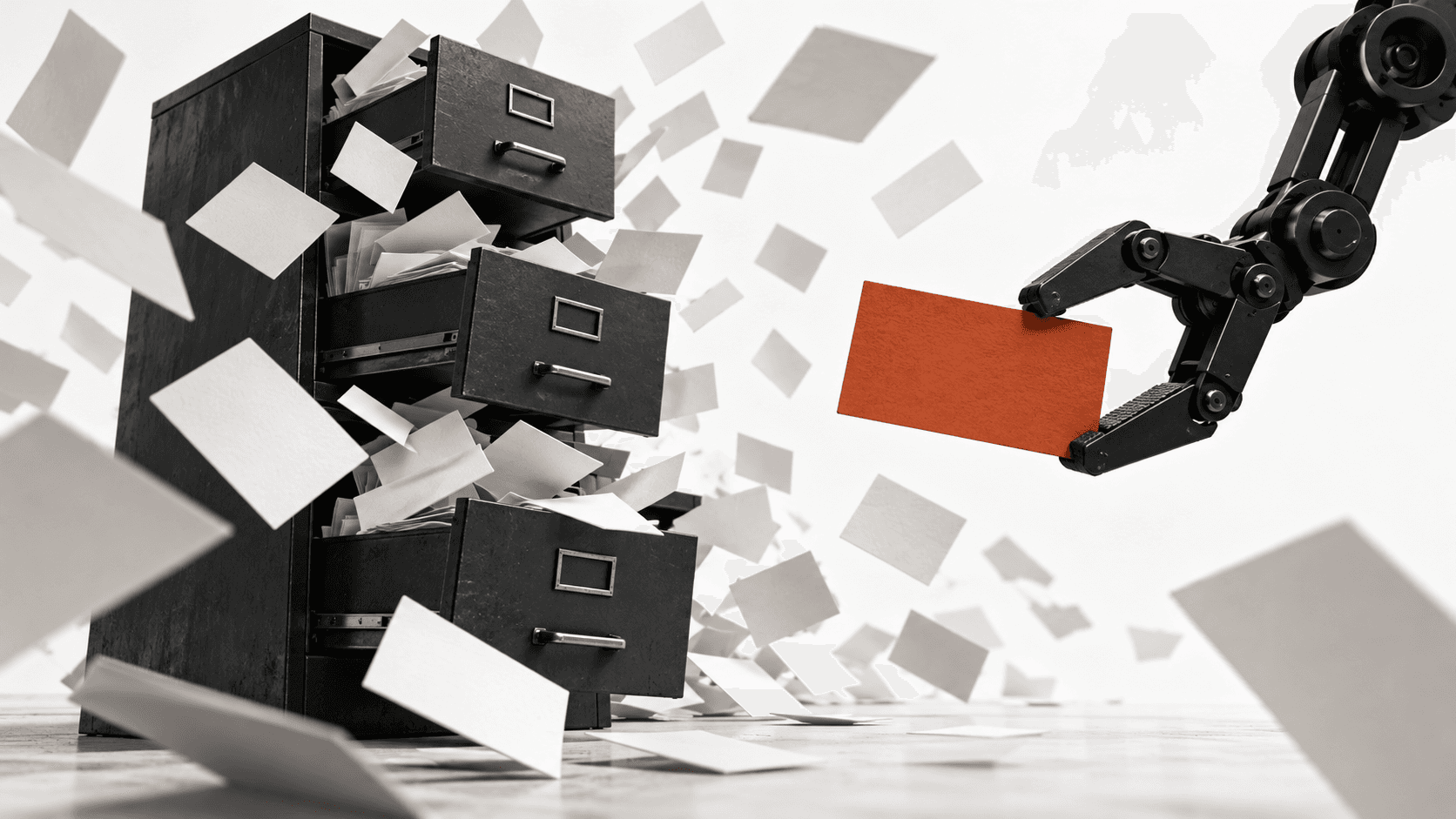 A filing cabinet bursting with papers while a robot arm pulls out one orange card