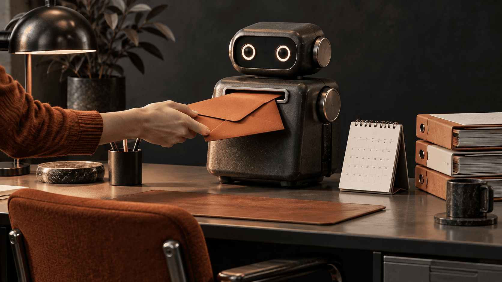 A small robot at a workbench receiving an orange envelope