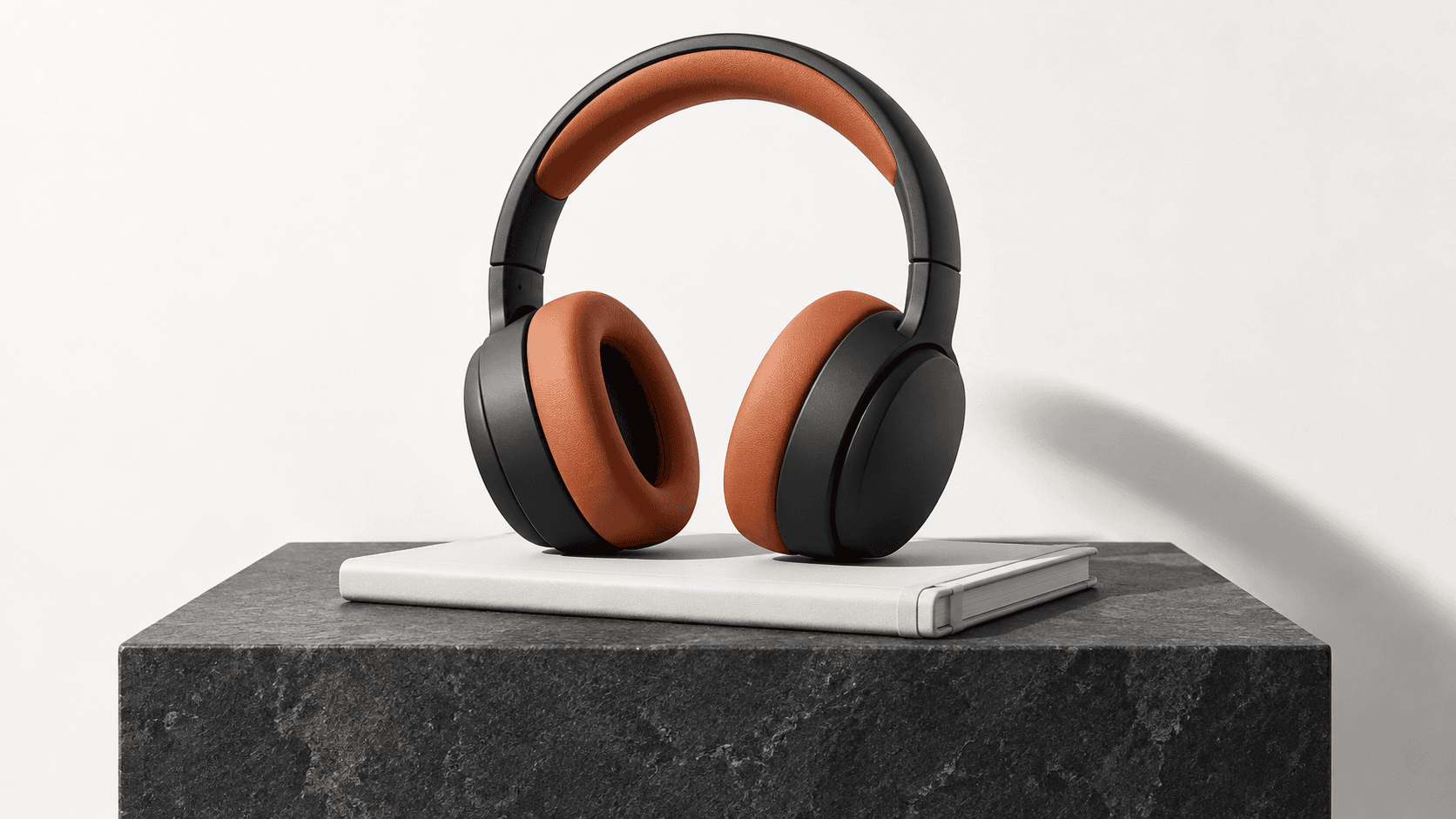 Black headphones with terracotta cushions rest on a white notebook on a charcoal plinth.