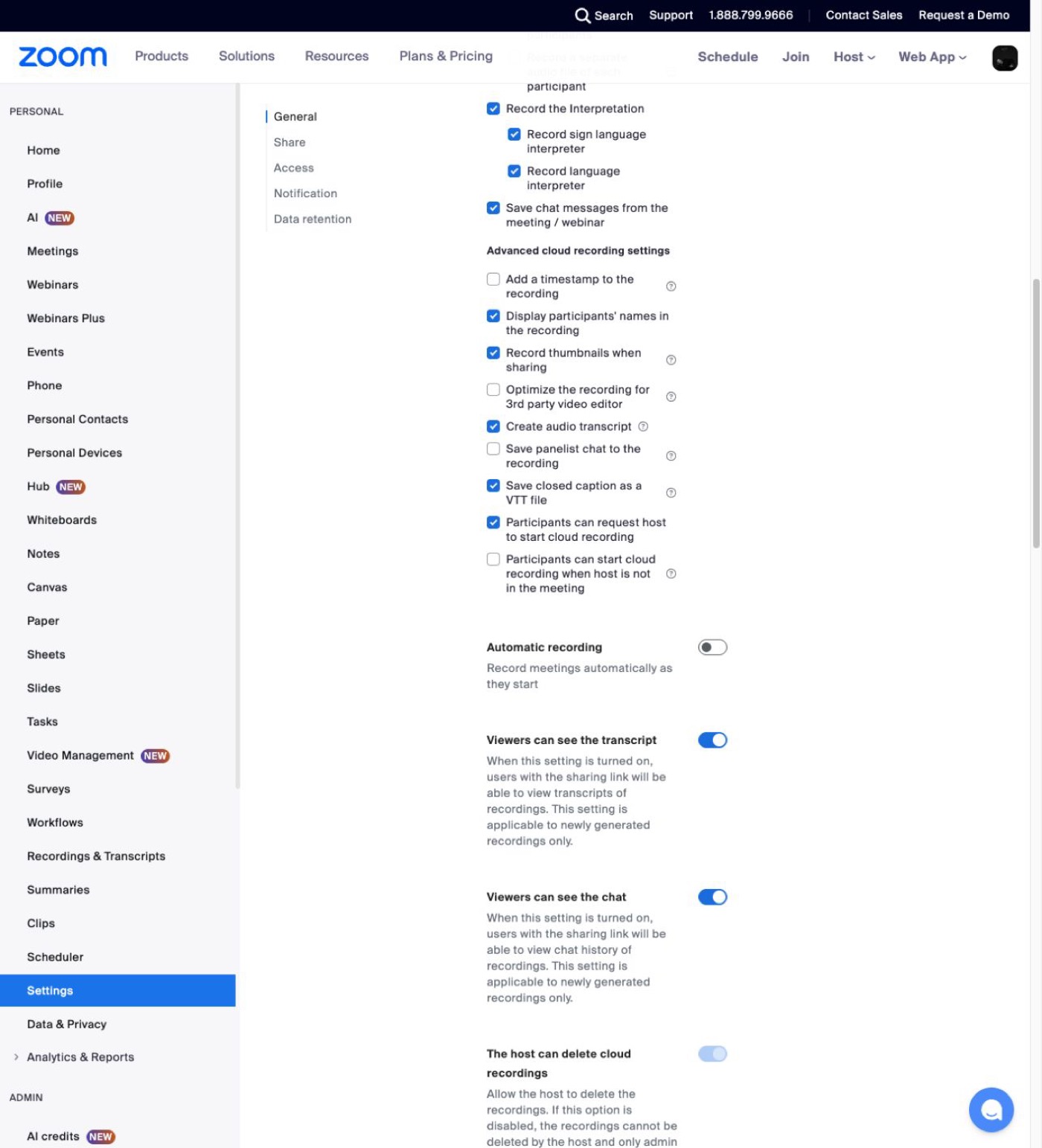Zoom recording settings with Create audio transcript enabled