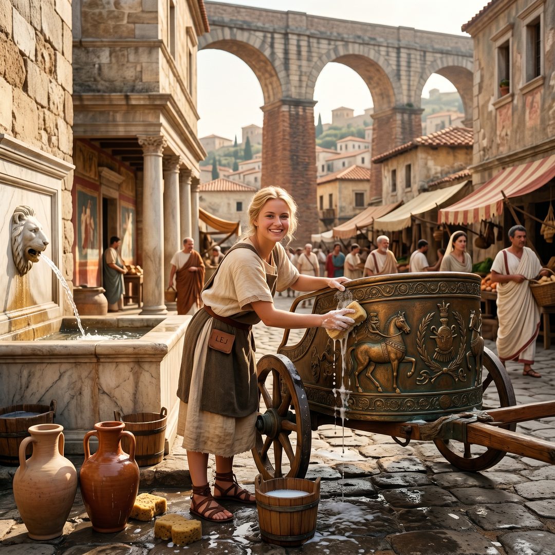 An LEJ girl washing a Roman chariot, 30 AD.