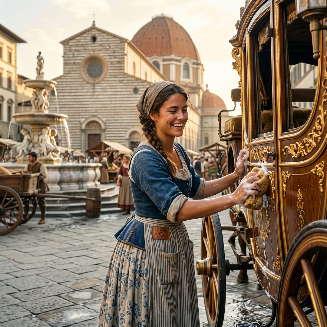 An LEJ girl polishing a gilded Renaissance carriage in a Florence piazza, 1500.