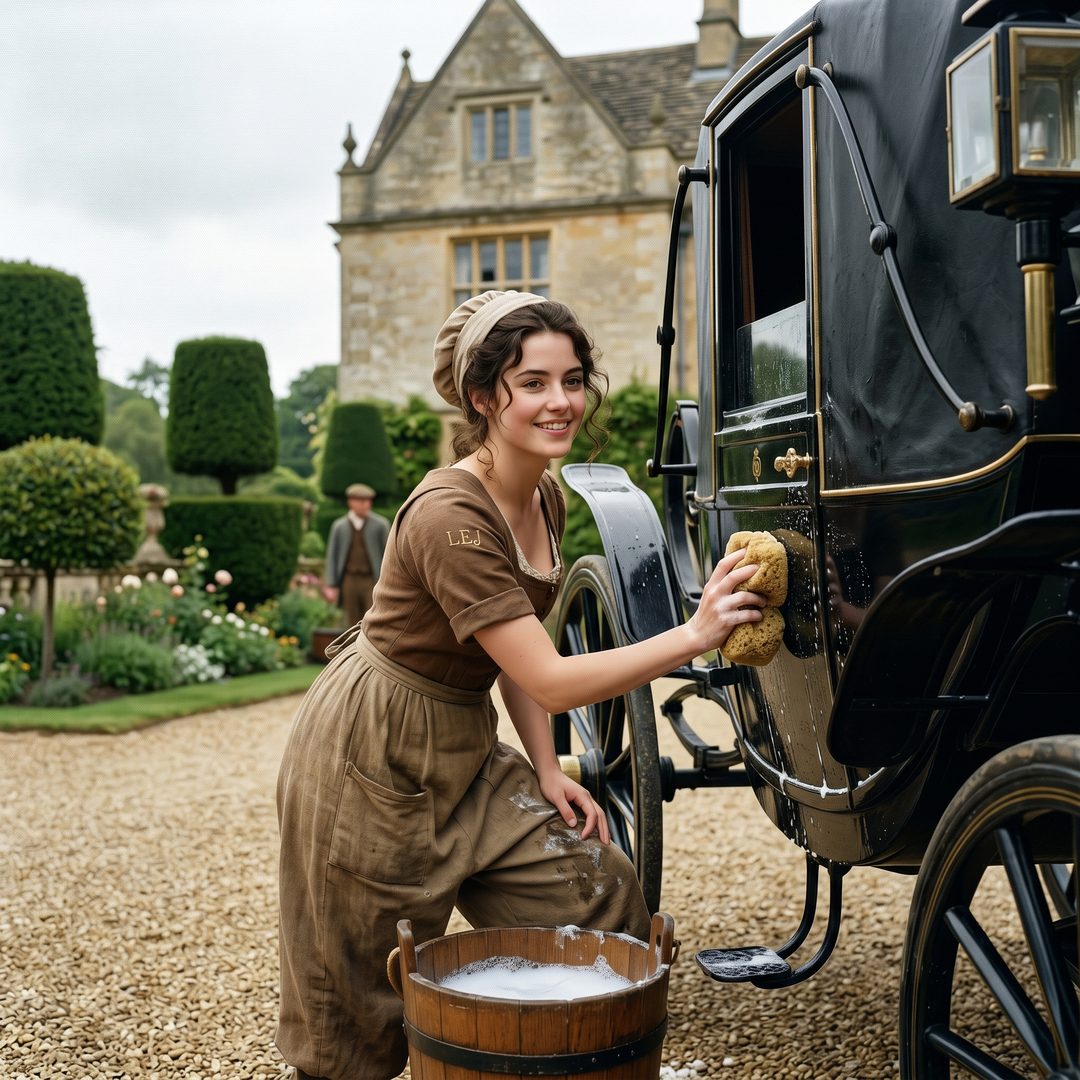 An LEJ girl washing a landau carriage on a manor drive, 1800.