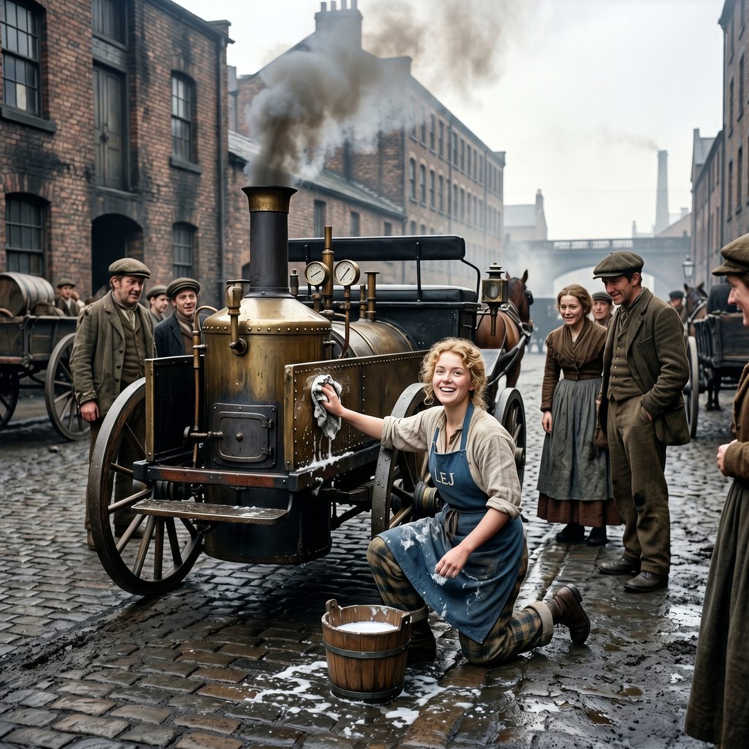 An LEJ girl washing an early steam carriage, 1830.