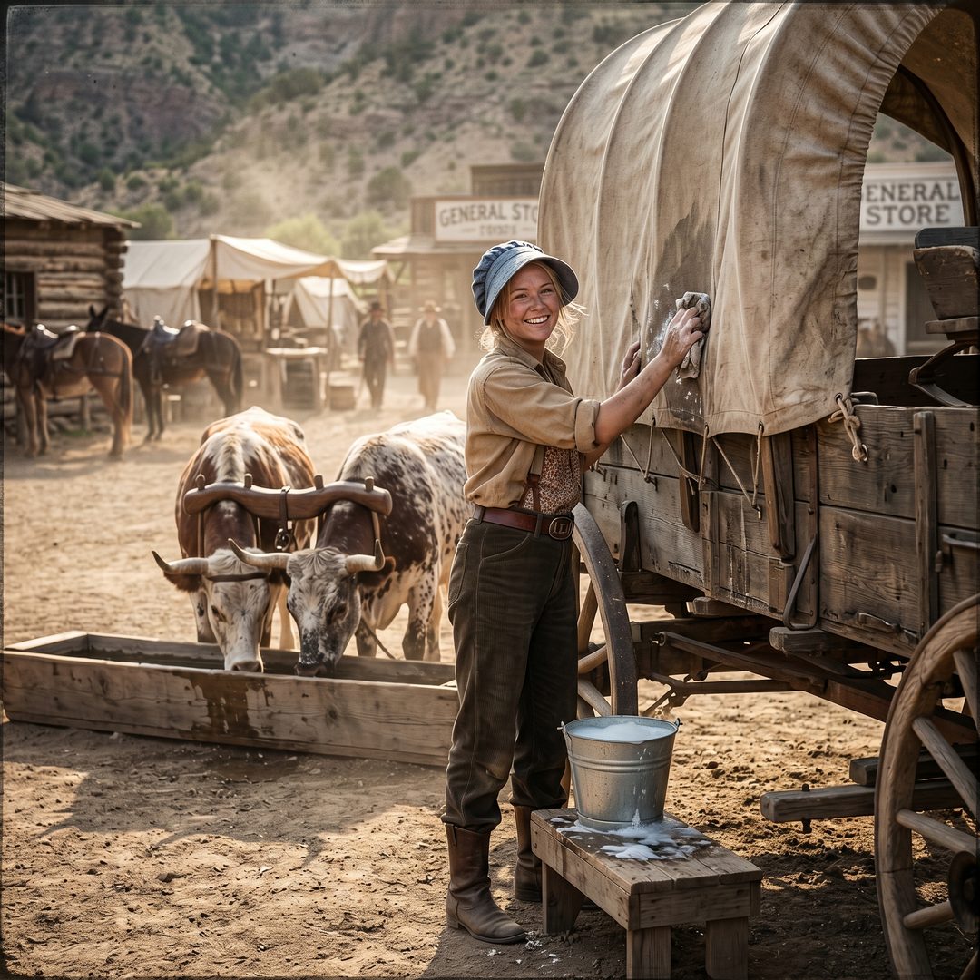 An LEJ girl washing a covered wagon at a frontier waystation, 1850.