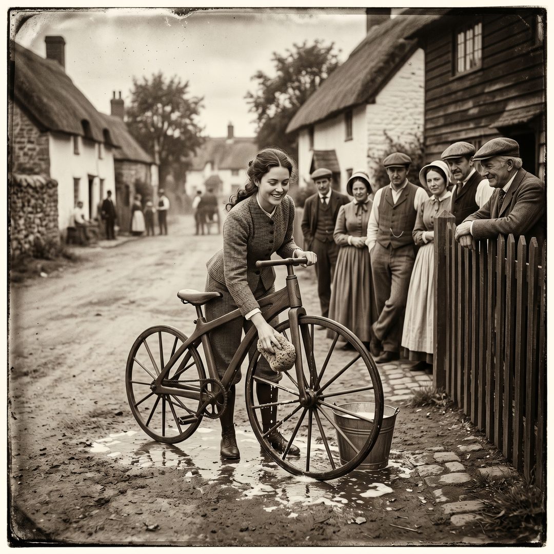An LEJ girl washing a boneshaker velocipede bicycle, 1860.