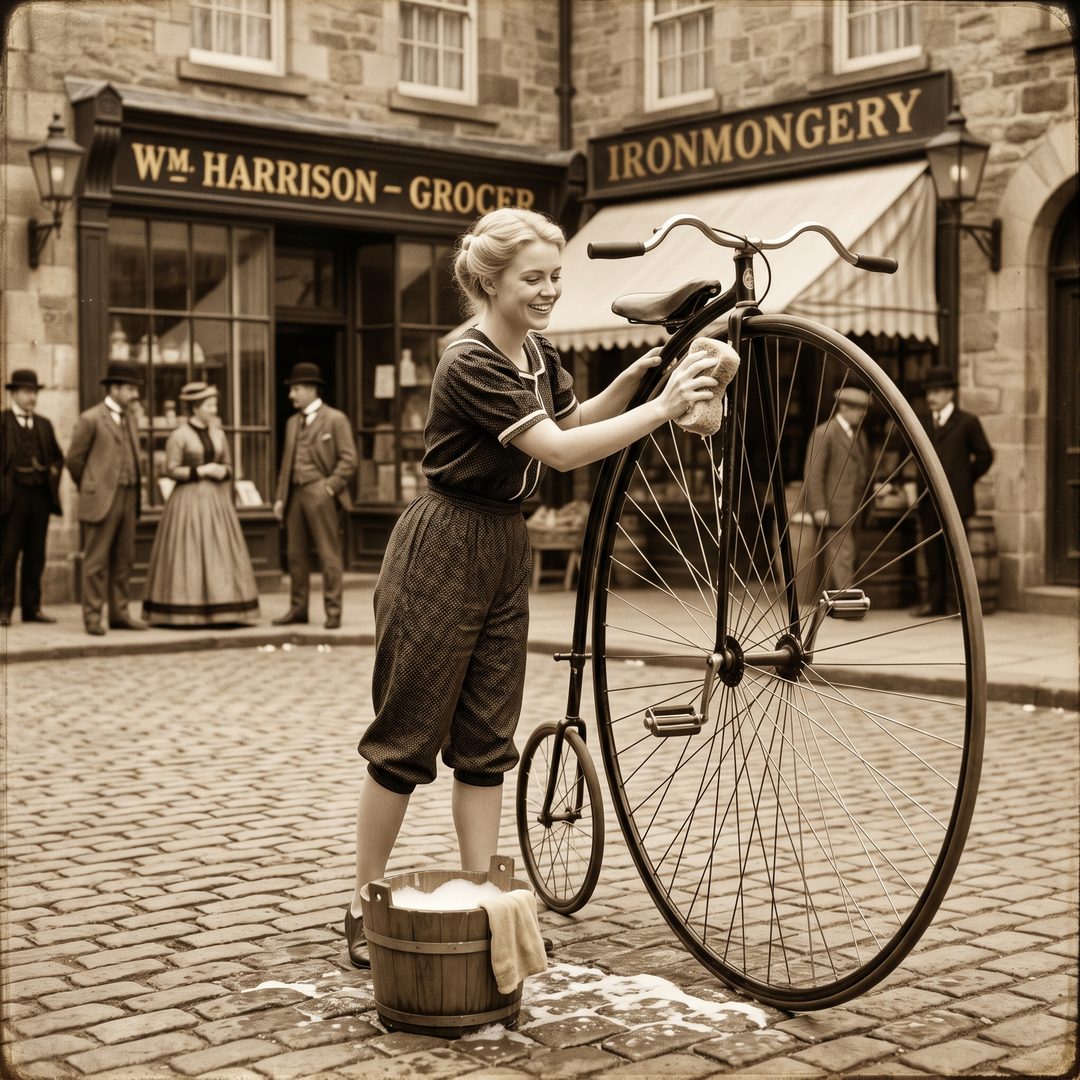 An LEJ girl washing a penny-farthing high-wheel bicycle, 1870.