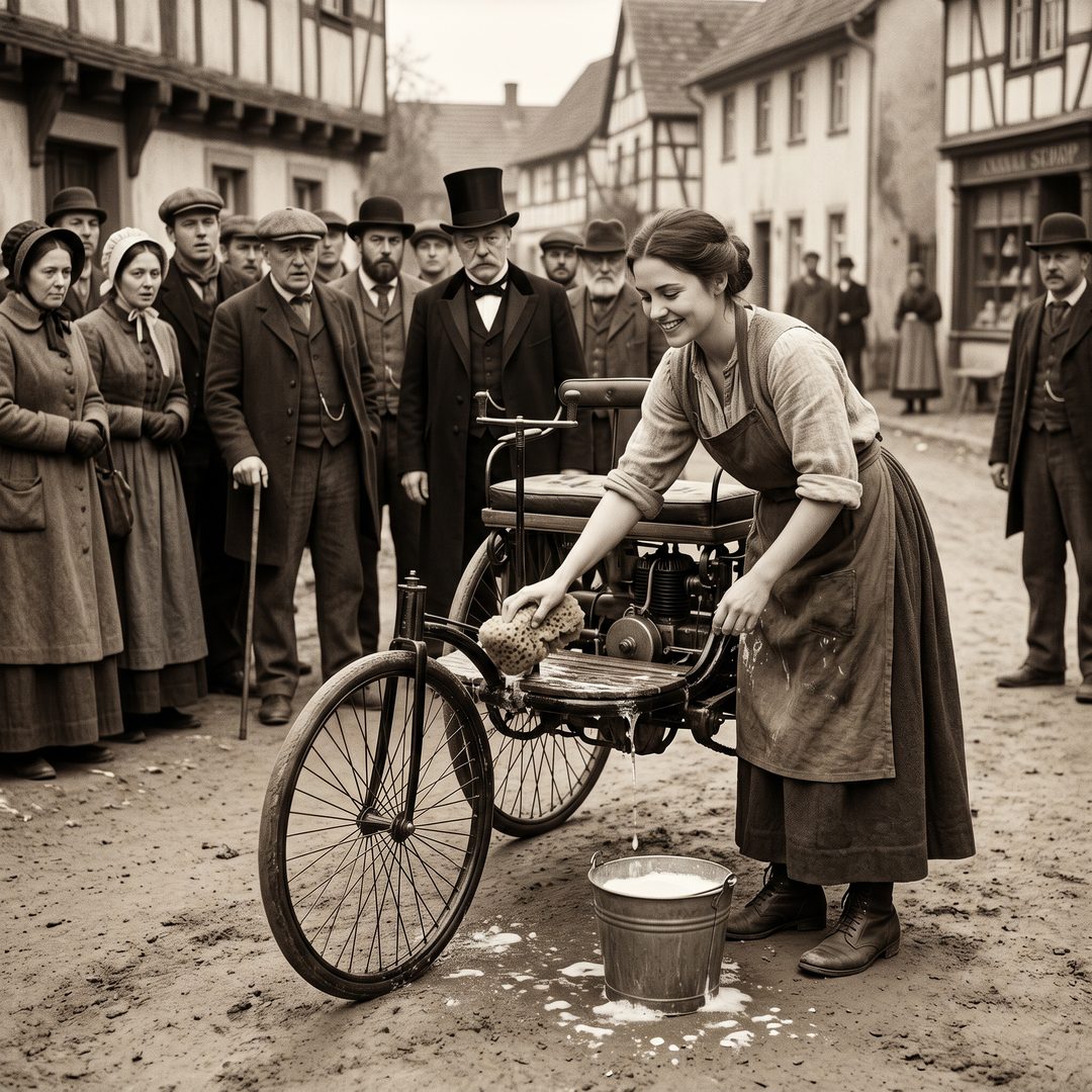 An LEJ girl washing a Benz Patent-Motorwagen, 1880s.