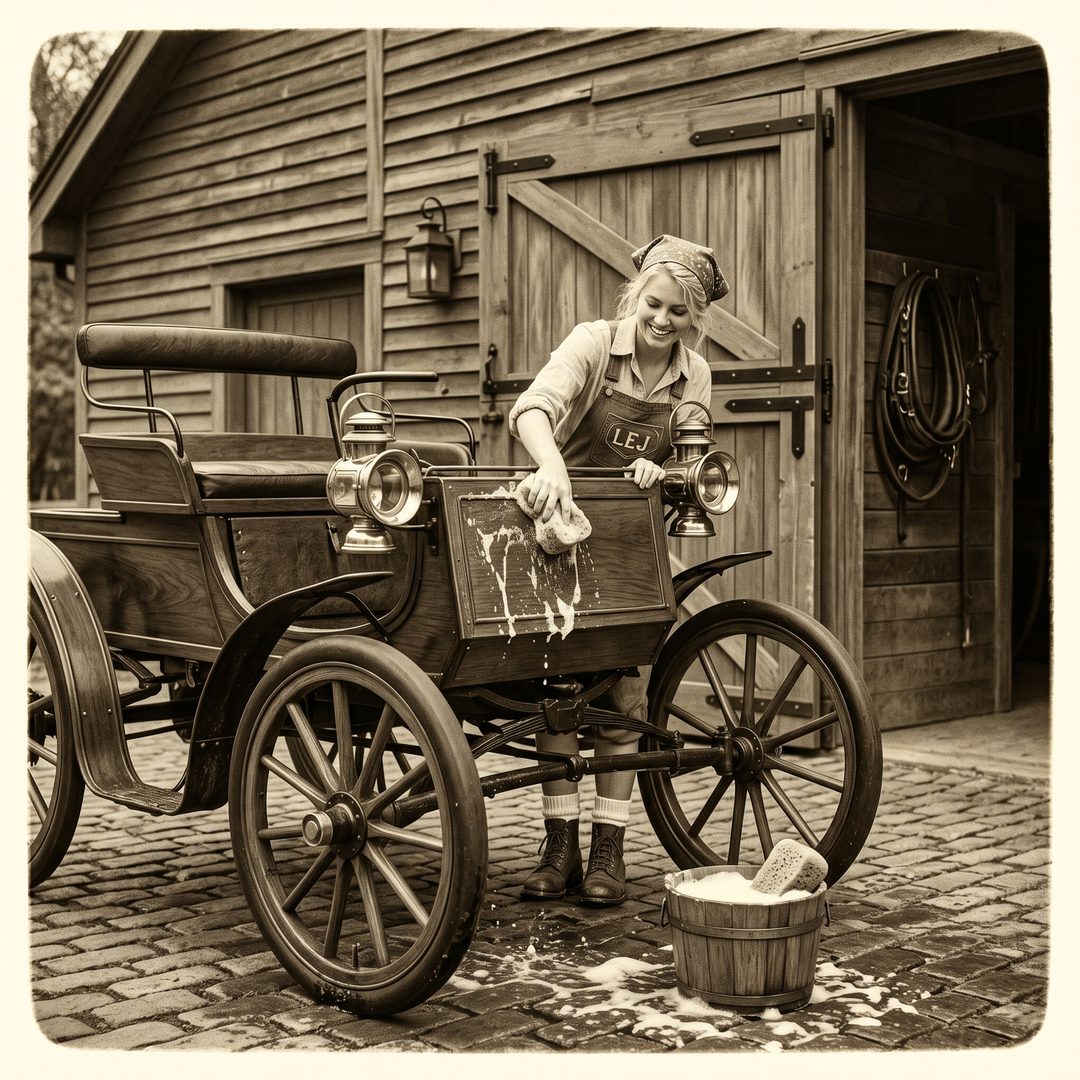 An LEJ girl washing a brass-era horseless carriage, 1890.