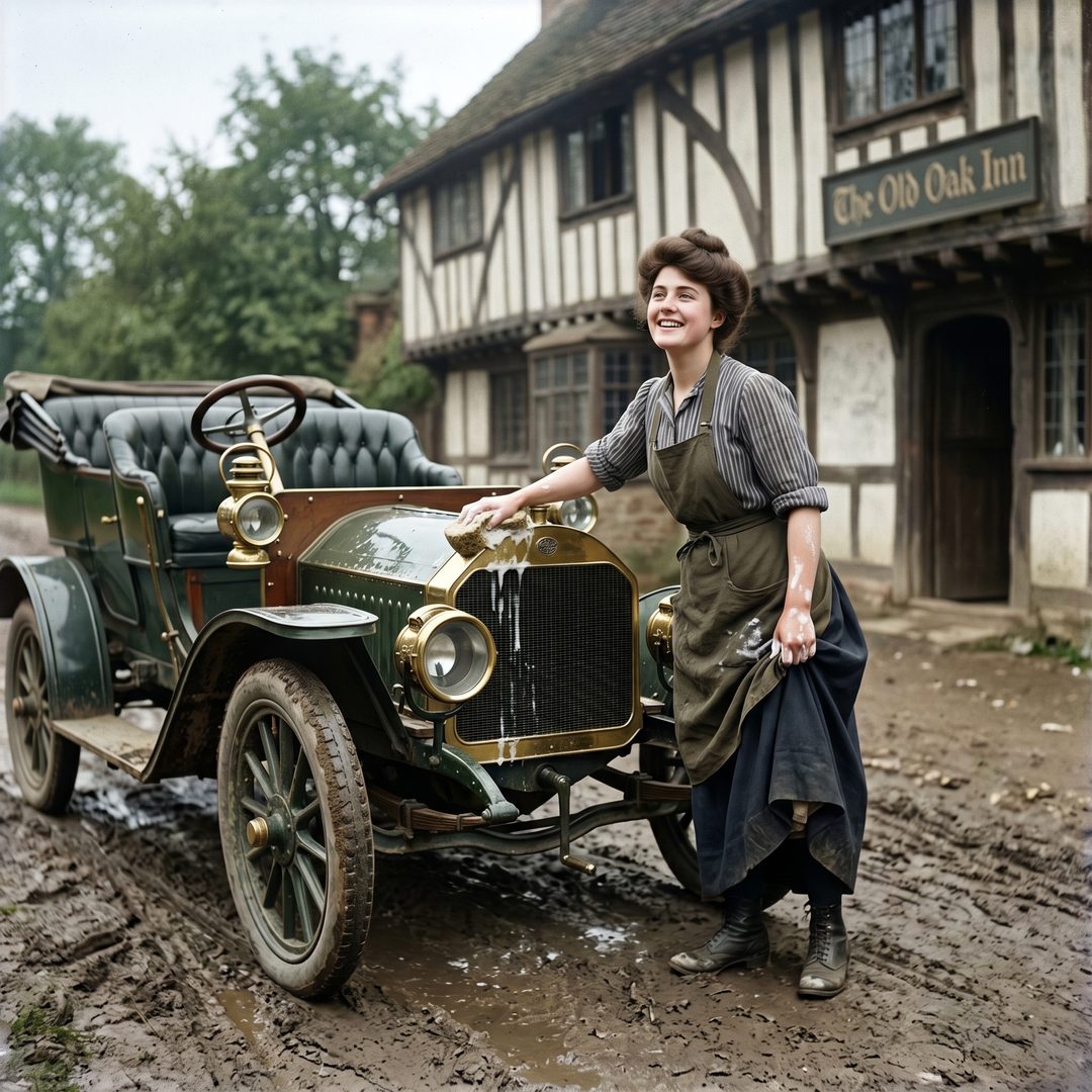 An LEJ girl washing a brass-era automobile, 1900.