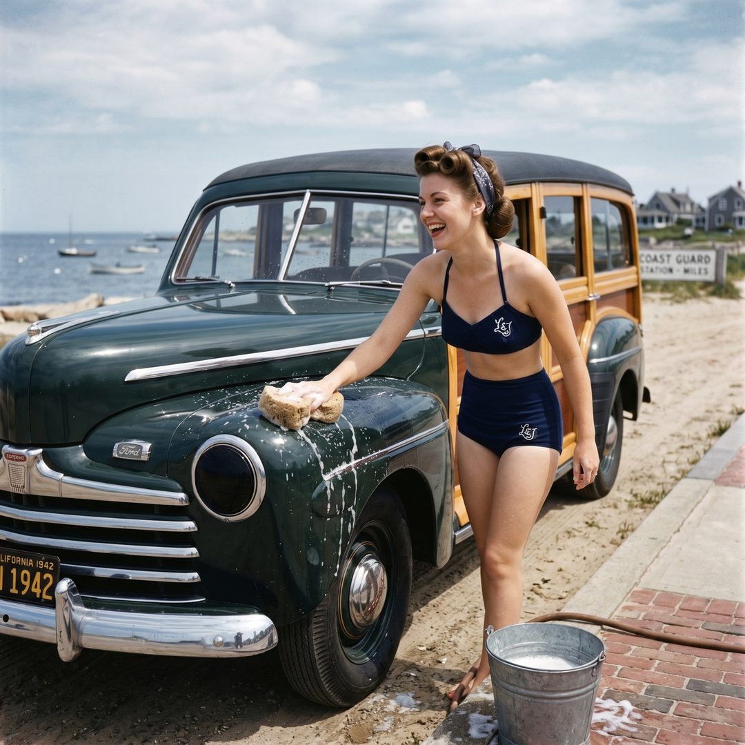 An LEJ girl washing a wood-panel woody wagon by the sea, 1940.