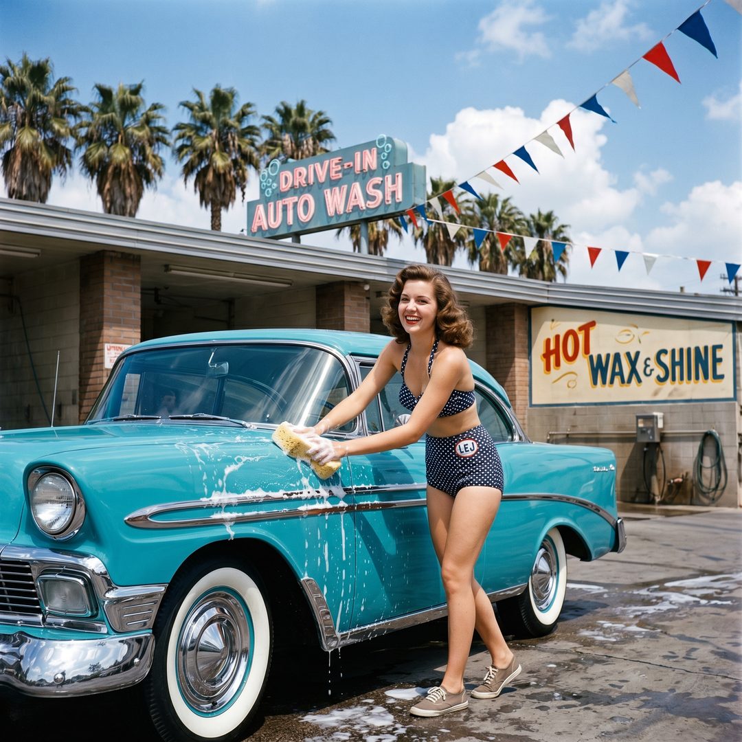 An LEJ girl washing a turquoise 1956 Chevy Bel Air at a drive-in, 1956.