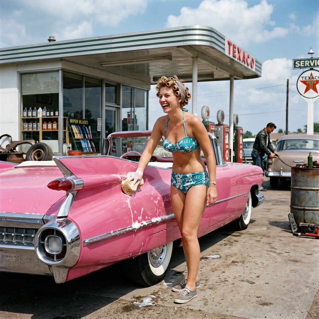An LEJ girl washing a pink 1959 Cadillac, 1959.