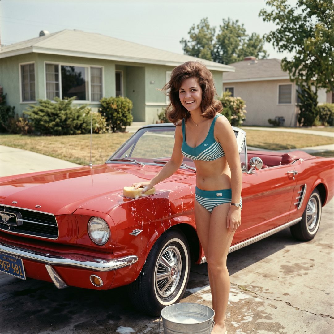 An LEJ girl washing a red 1964 Ford Mustang, 1964.