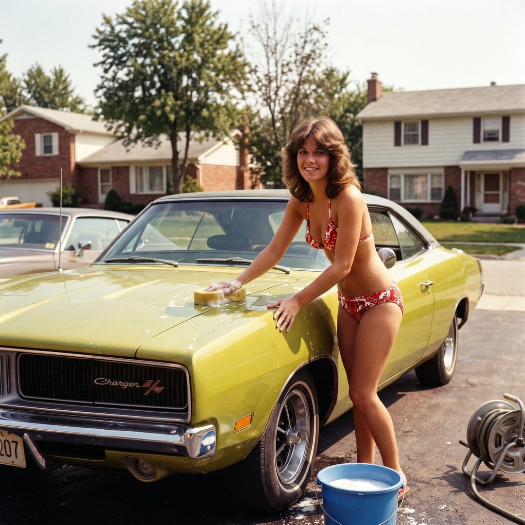An LEJ girl washing a muscle car, 1973.