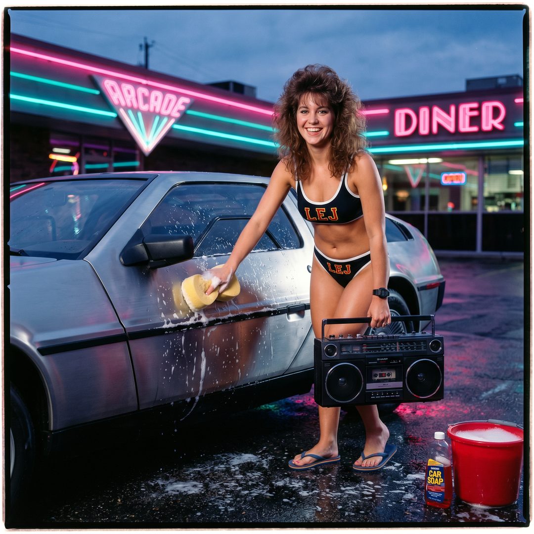An LEJ girl washing a DeLorean under neon, 1984.
