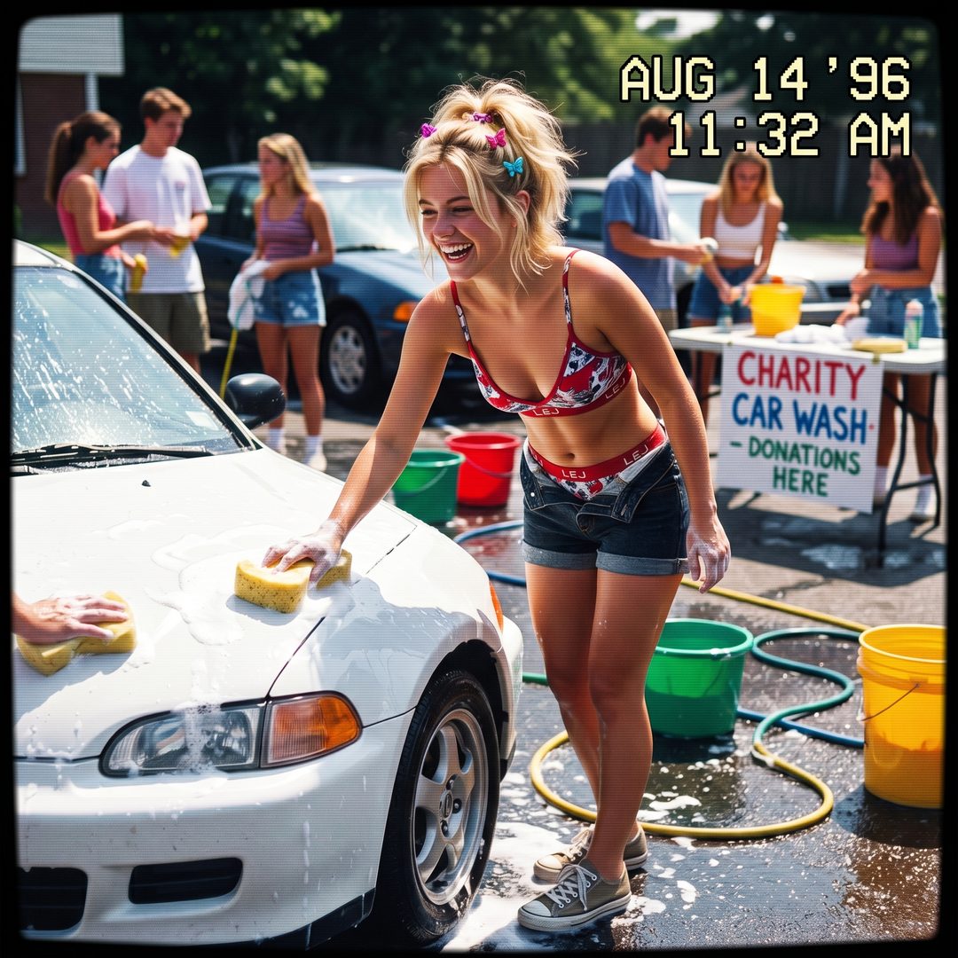 An LEJ girl washing a Honda Civic at a charity car wash, on camcorder, 1997.