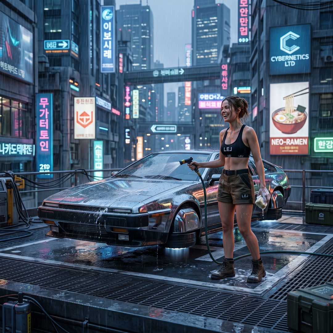 An LEJ girl washing a flying car on a neon rooftop pad, 2040.