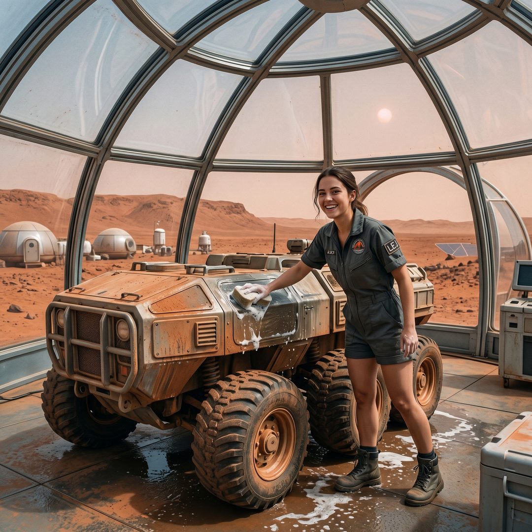 An LEJ girl washing a Mars rover inside a colony dome, 2050.