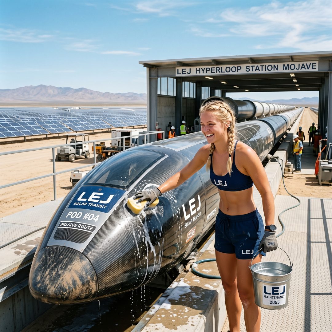 An LEJ girl washing a hyperloop pod at a desert solar station, 2055.