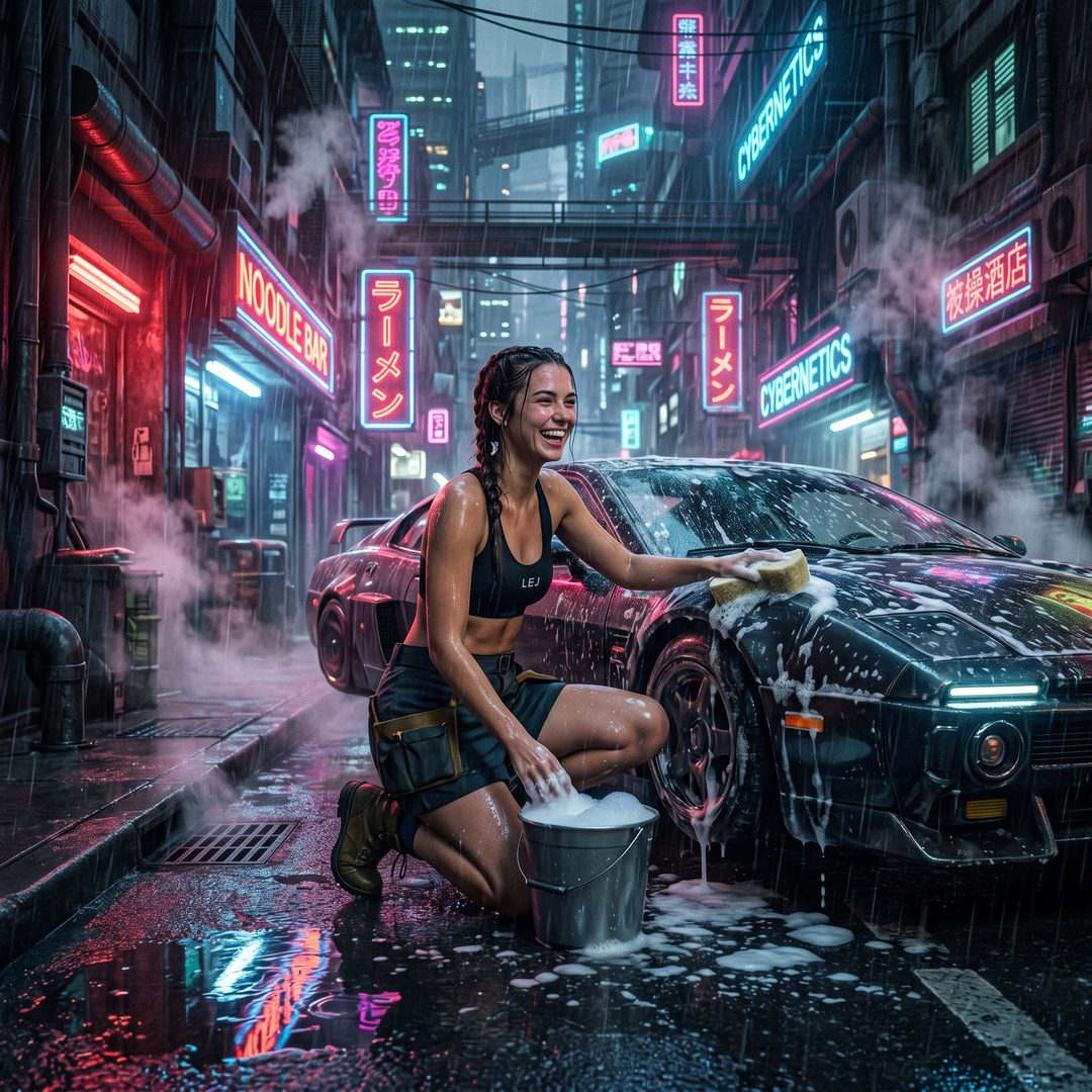 An LEJ girl washing a hovercar in a neon cyberpunk alley, 2060.