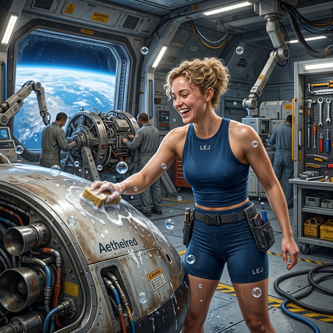 An LEJ girl washing a spacecraft in an orbital station hangar, 2075.