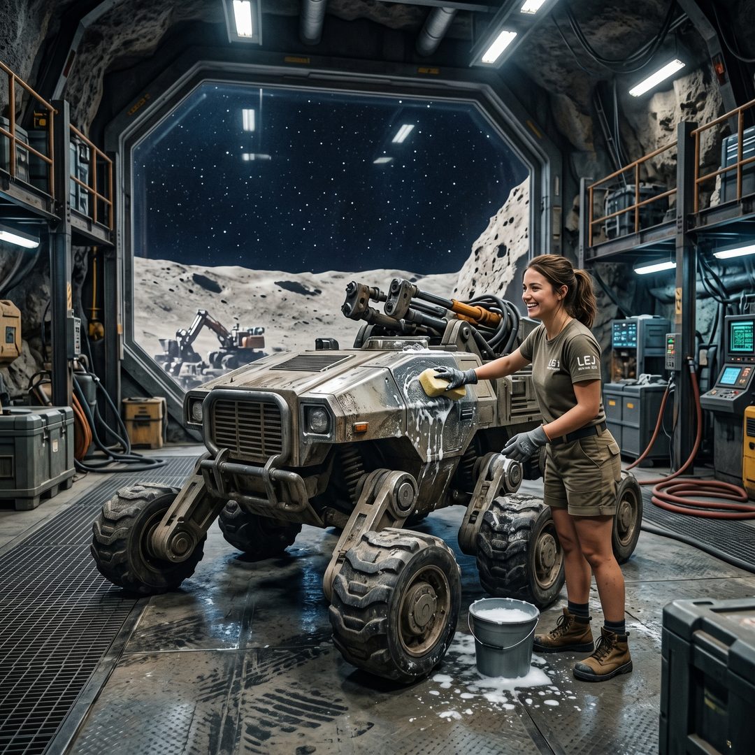 An LEJ girl washing a six-legged mining crawler at an asteroid outpost, 2080.
