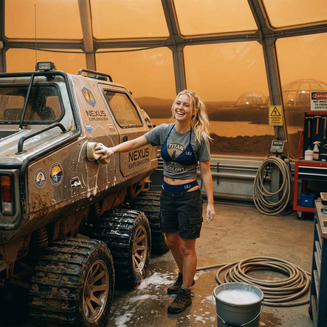 An LEJ girl washing a tracked rover in a Titan colony dome, 2095.