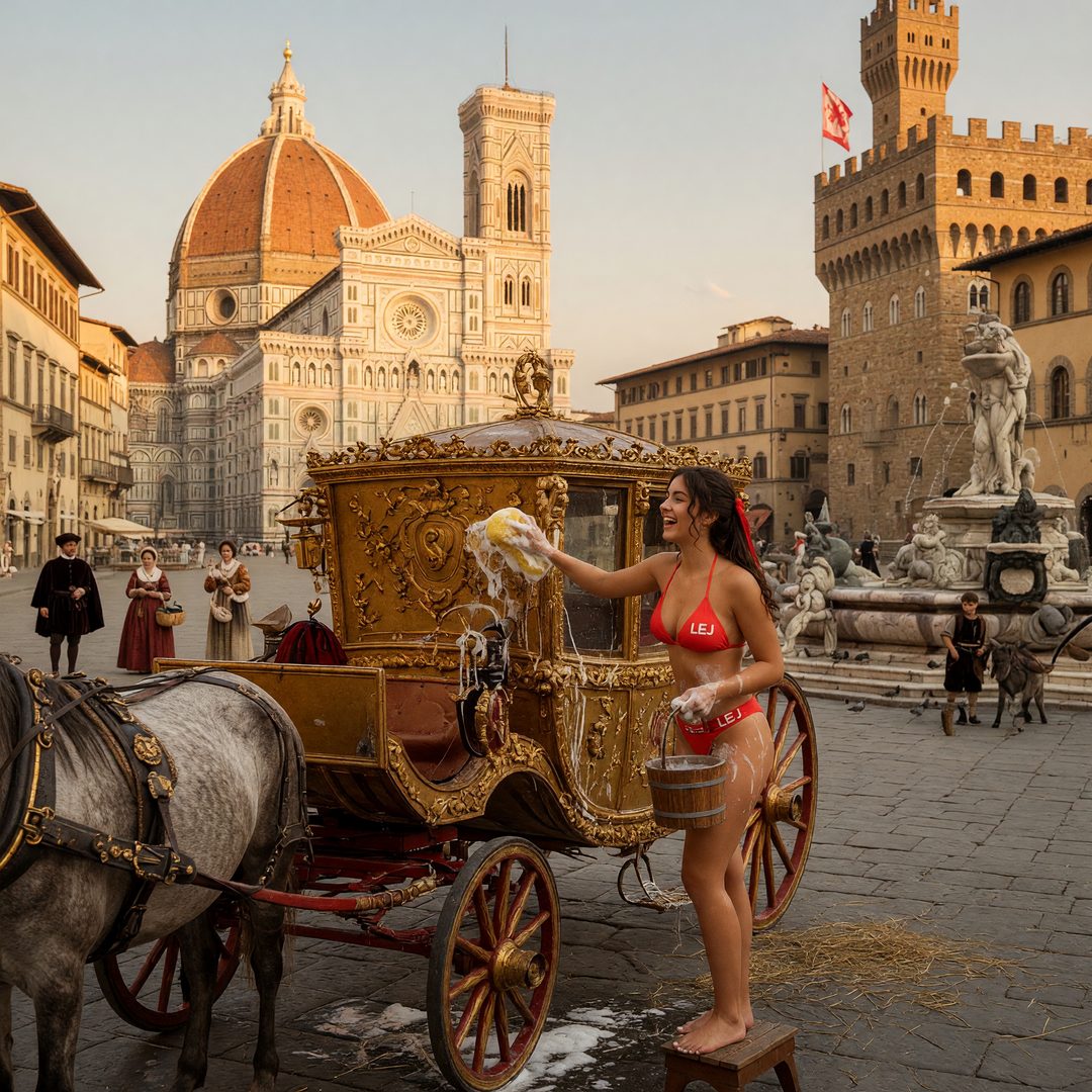An LEJ girl polishing a gilded Renaissance carriage in a Florence piazza, 1500.