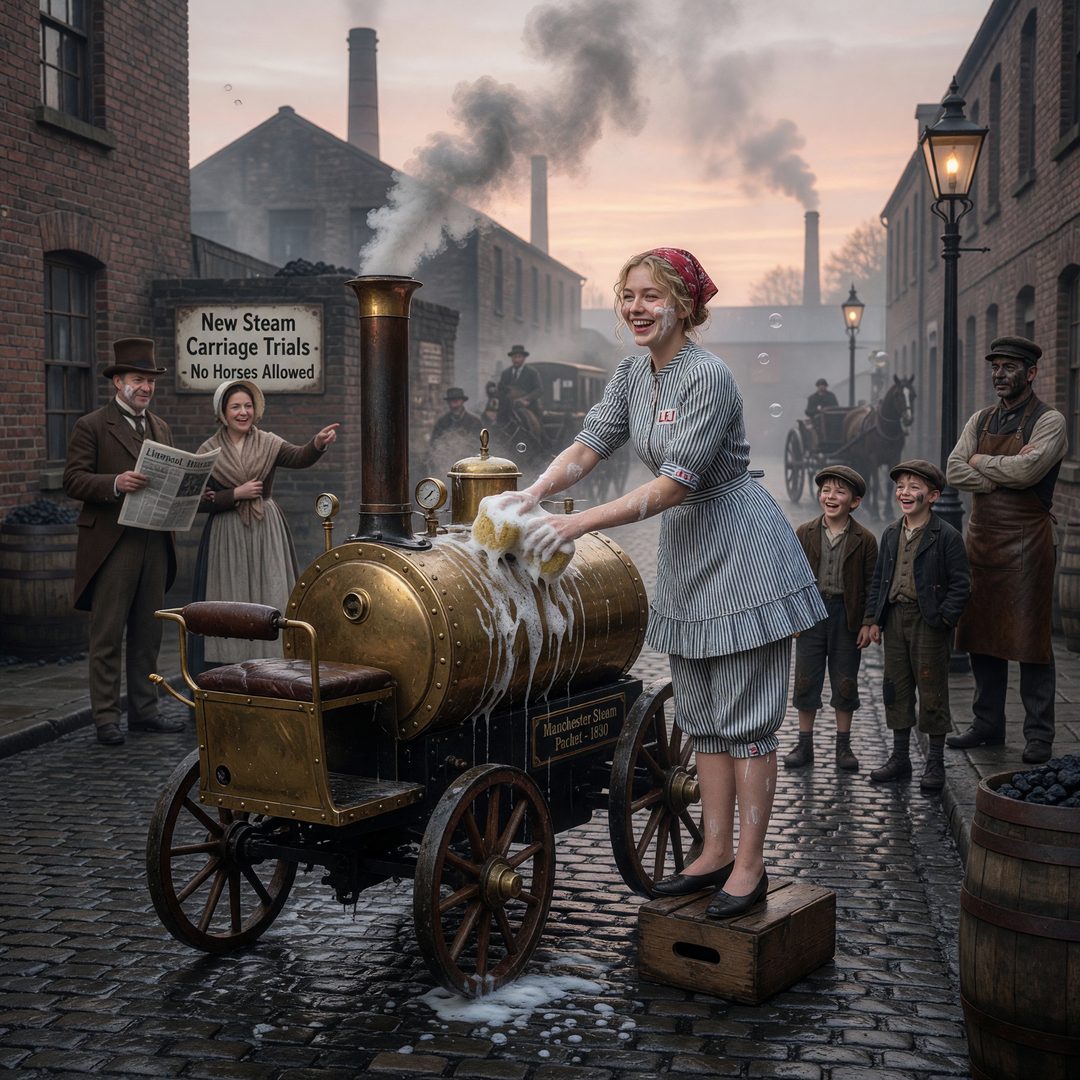 An LEJ girl washing an early steam carriage, 1830.
