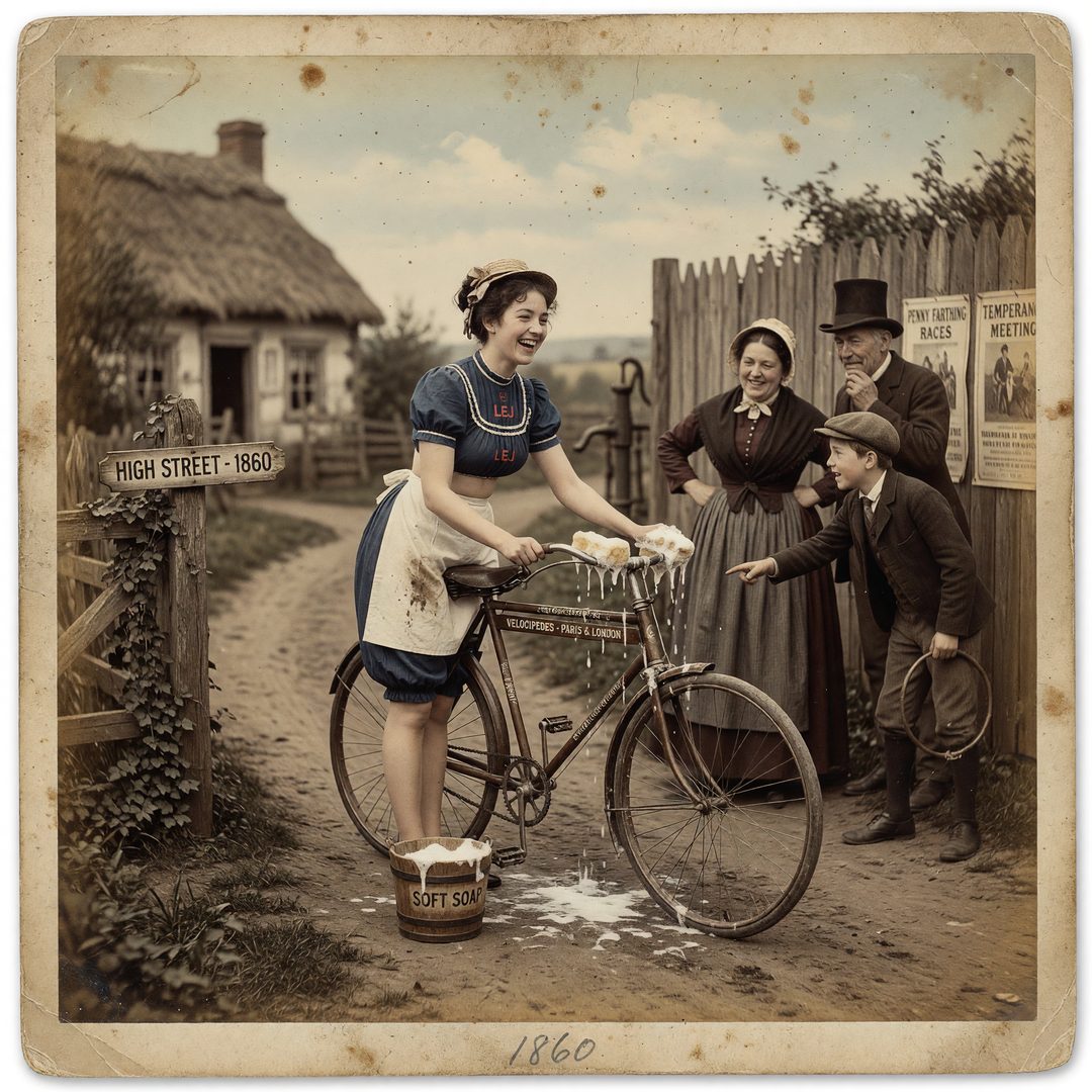 An LEJ girl washing a boneshaker velocipede bicycle, 1860.