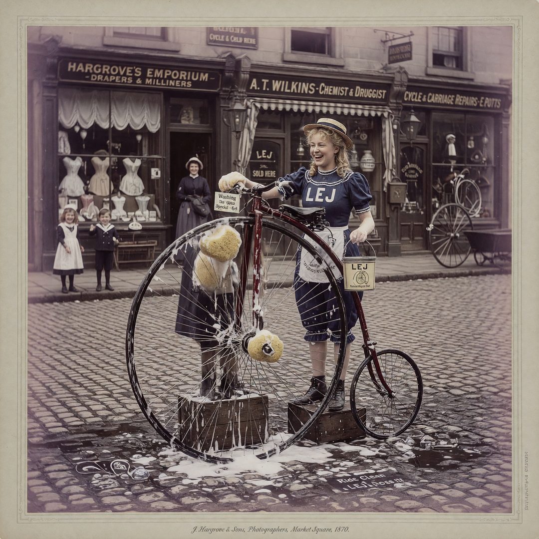 An LEJ girl washing a penny-farthing high-wheel bicycle, 1870.