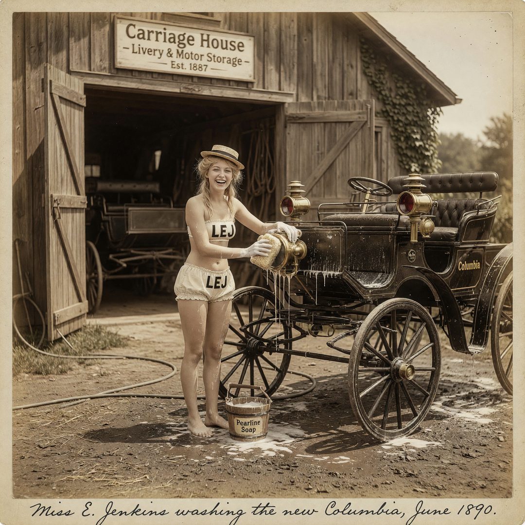 An LEJ girl washing a brass-era horseless carriage, 1890.