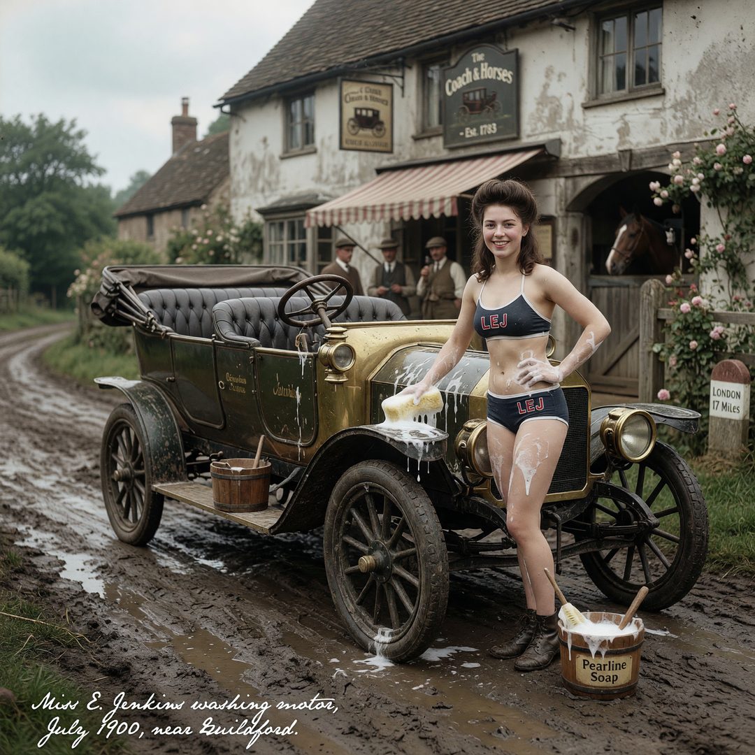 An LEJ girl washing a brass-era automobile, 1900.