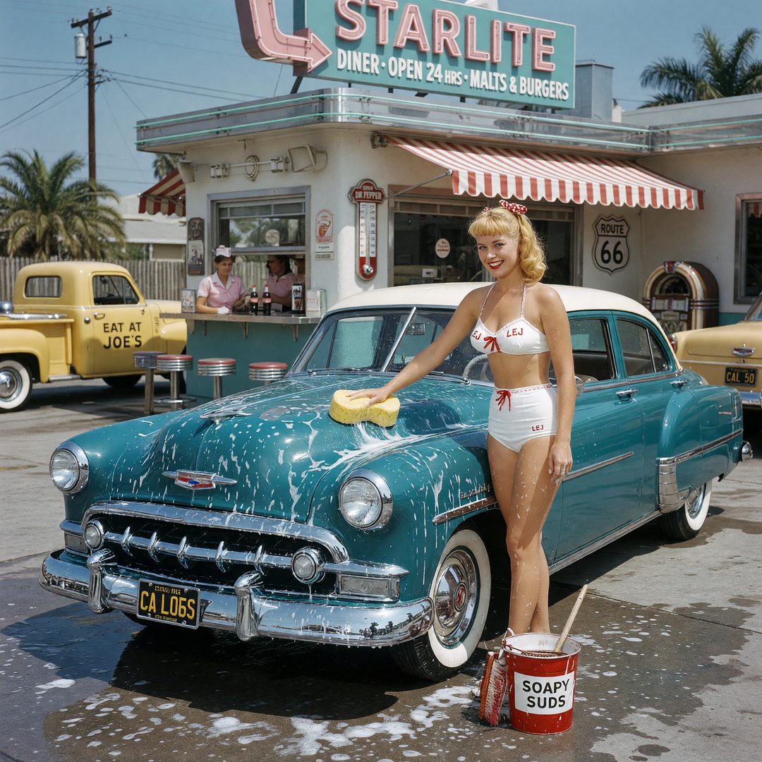 An LEJ girl washing a chrome 1950 sedan at a diner, 1950.