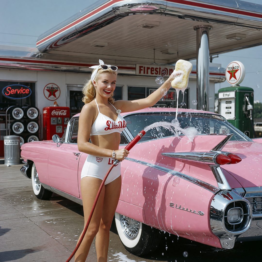 An LEJ girl washing a pink 1959 Cadillac, 1959.