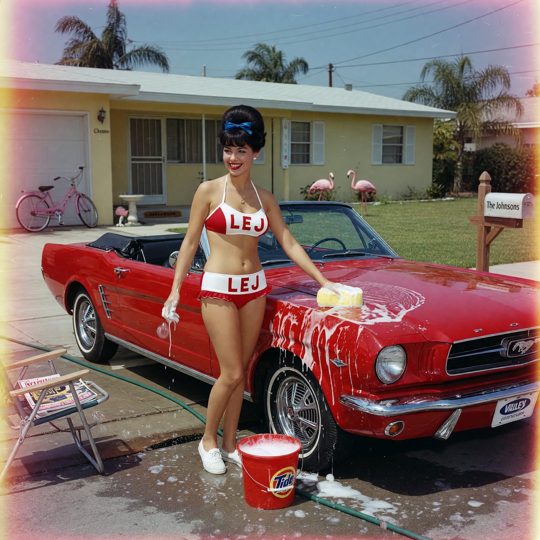 An LEJ girl washing a red 1964 Ford Mustang, 1964.