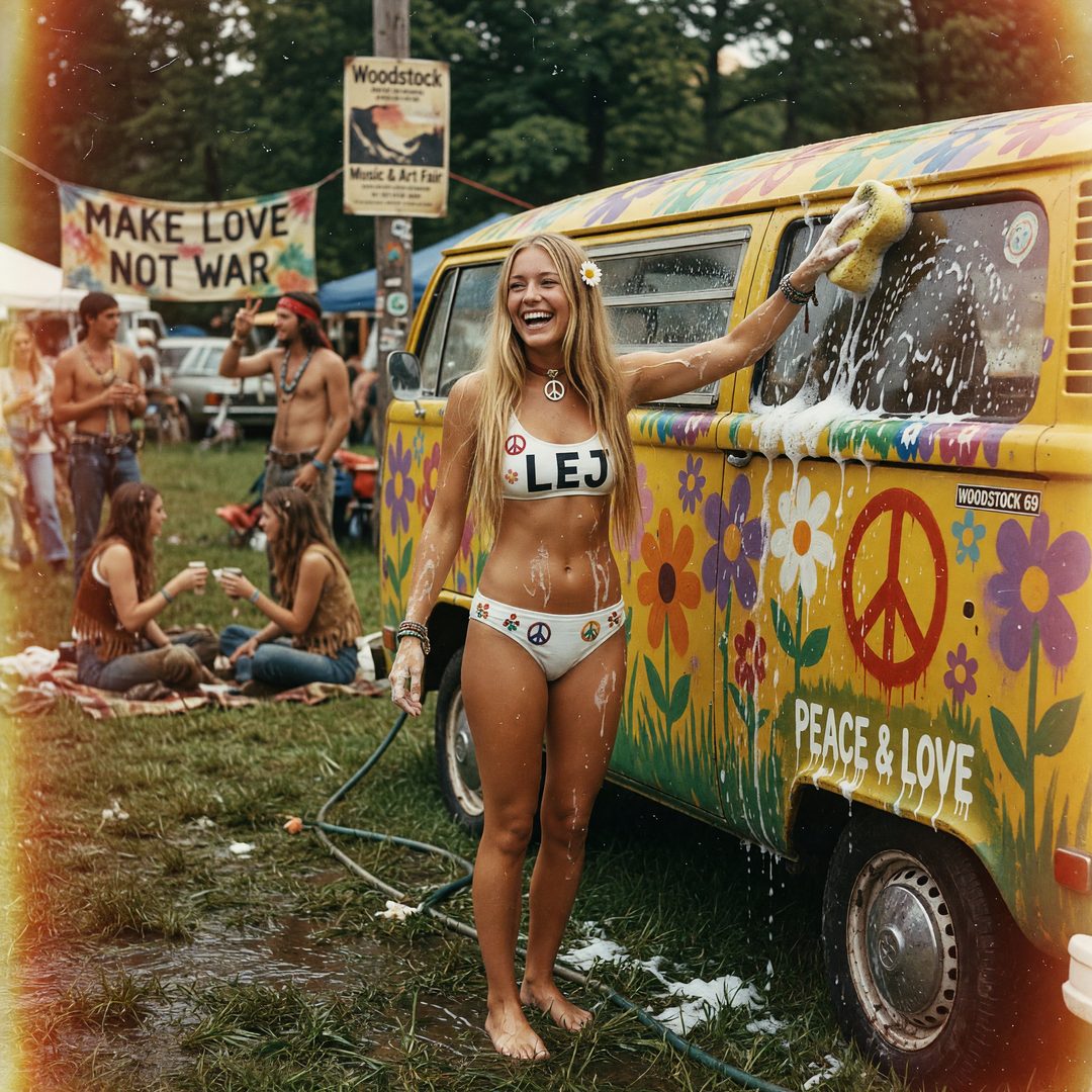 An LEJ girl washing a flower-painted VW bus, 1969.