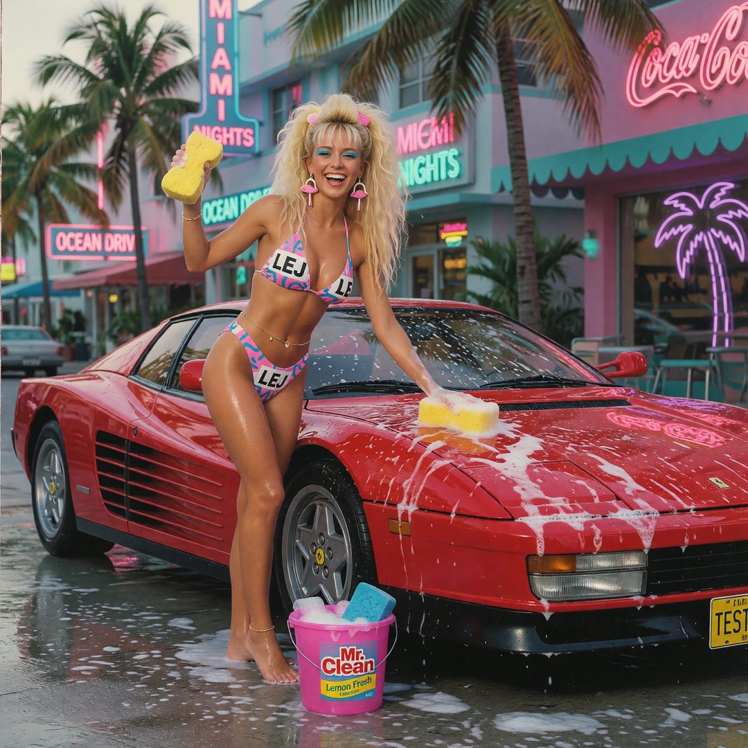 An LEJ girl washing a red Ferrari Testarossa in Miami, 1988.