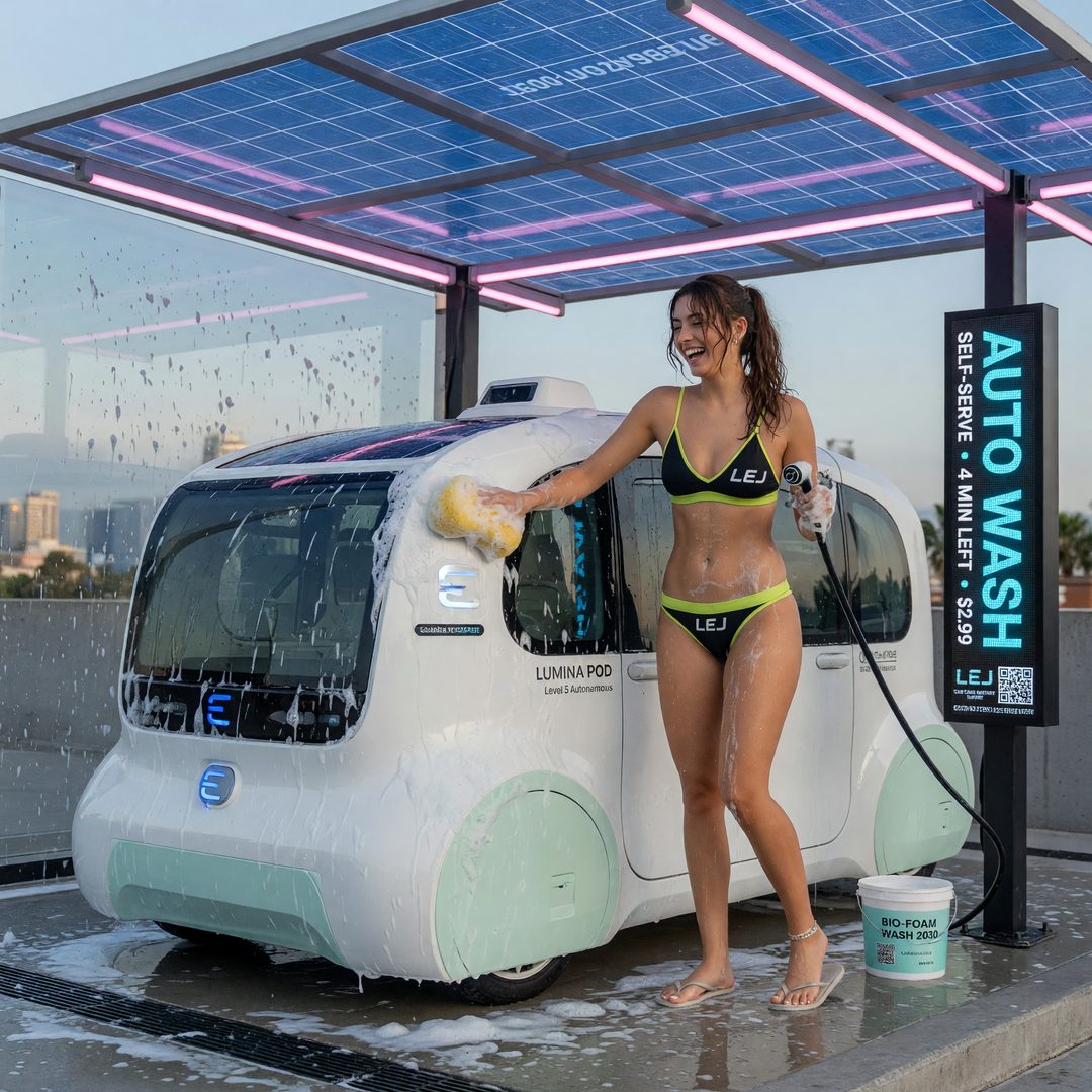 An LEJ girl washing an autonomous electric pod under a solar canopy, 2030.