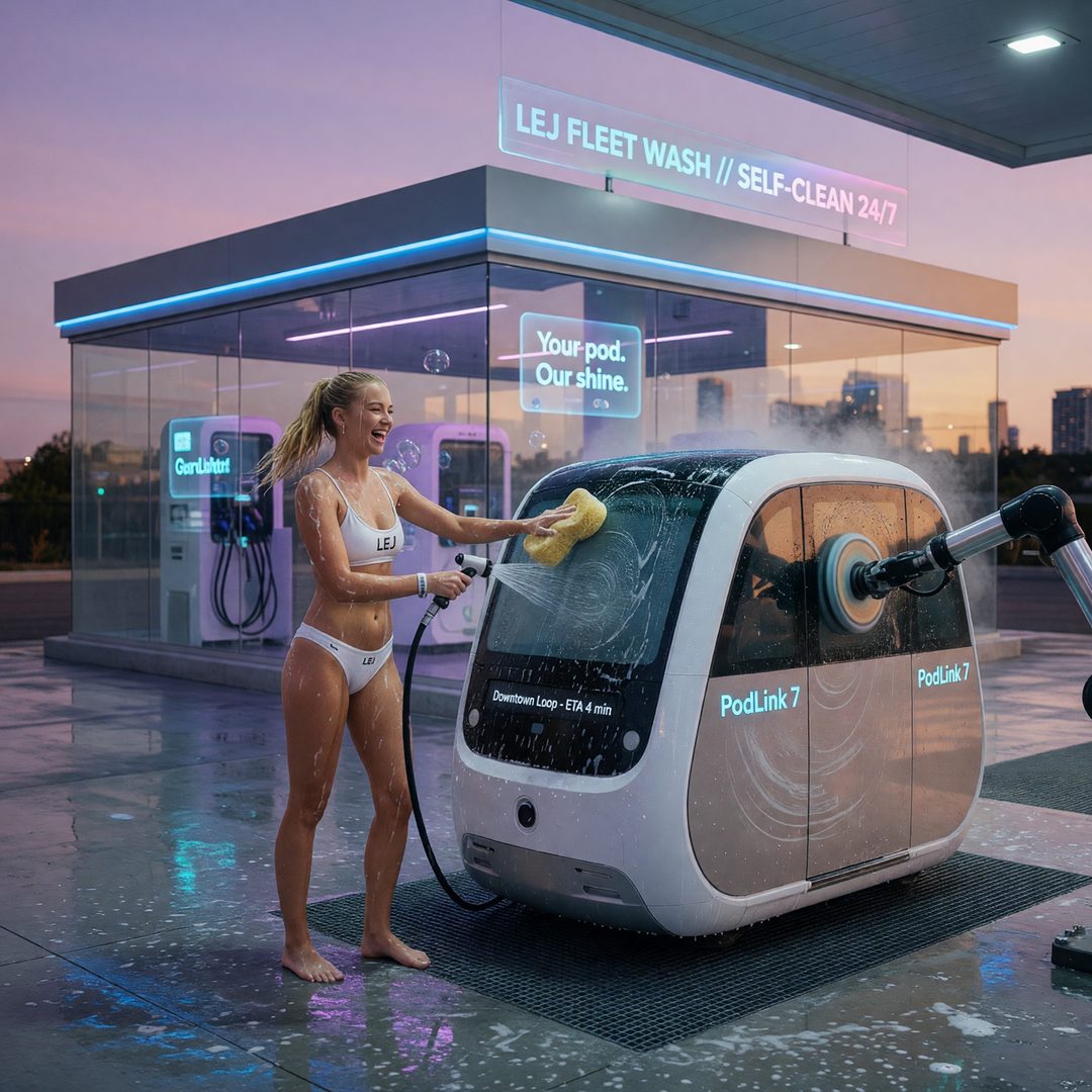 An LEJ girl supervising a robotic car wash pod, 2035.