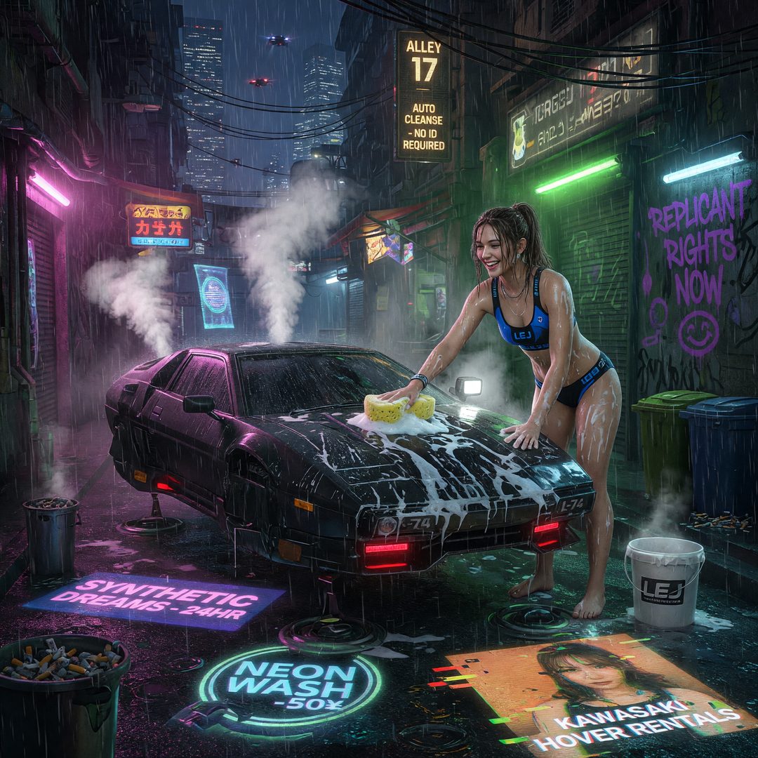 An LEJ girl washing a hovercar in a neon cyberpunk alley, 2060.