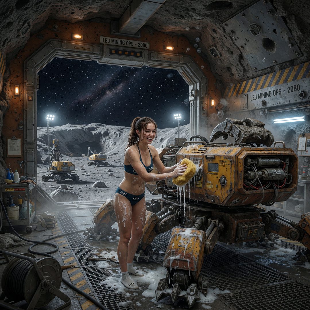 An LEJ girl washing a six-legged mining crawler at an asteroid outpost, 2080.