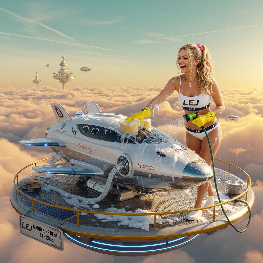 An LEJ girl washing an airship-yacht on a cloud-city platform, 2085.