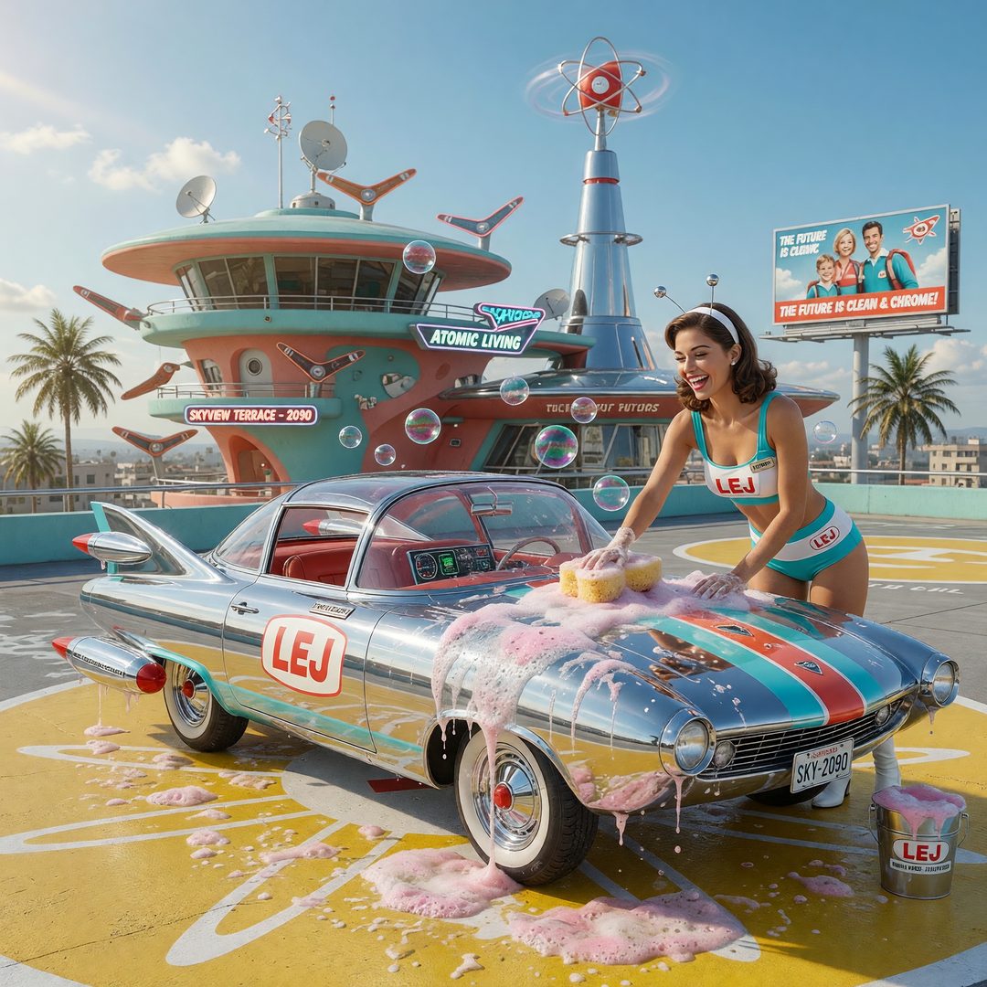 An LEJ girl polishing a chrome bubble-canopy flying car, 2090.
