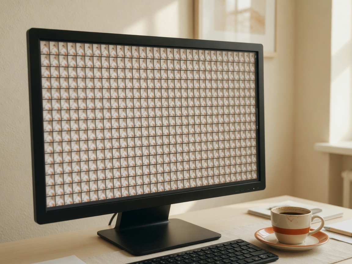 A monitor showing hundreds of nearly identical photo thumbnails.