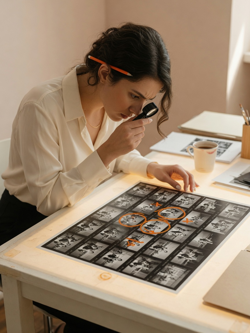A photo editor examining a contact sheet through a loupe, pencil behind her ear.