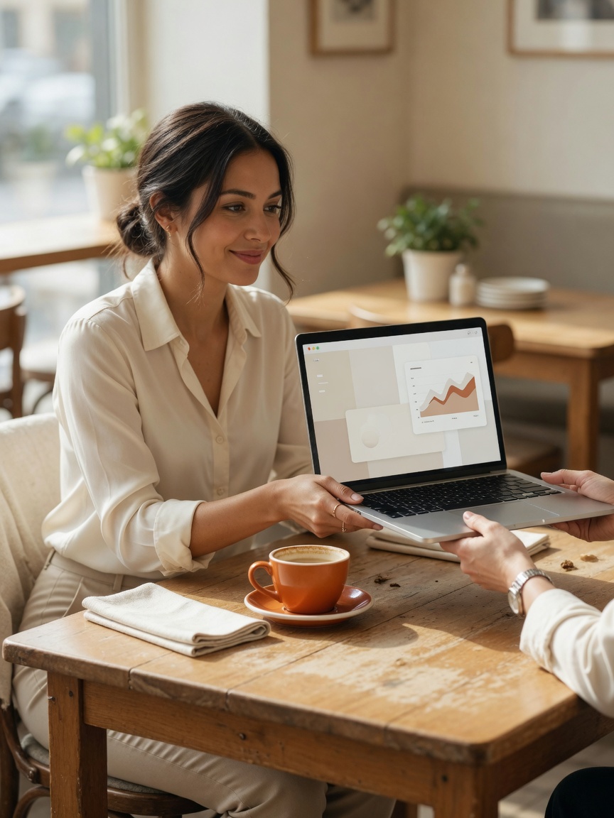 An entrepreneur sliding an open laptop across a cafe table to a client.
